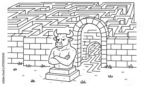 Bull guardian in maze illustration for puzzle and game design