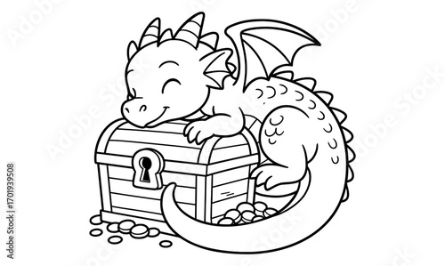 Cute cartoon dragon guarding treasure chest illustration for children's coloring book