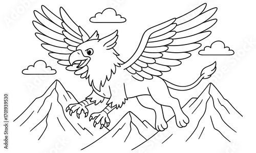 Griffin flying over mountain peaks in majestic fantasy landscape illustration