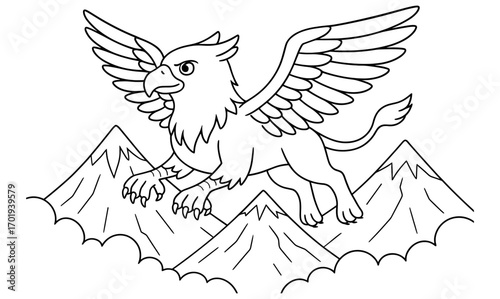 Majestic griffin flying over mountainous landscape for coloring design