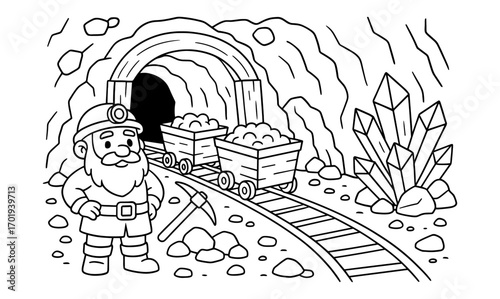 Dwarf in crystal mine with mining carts for children’s coloring book and educational design