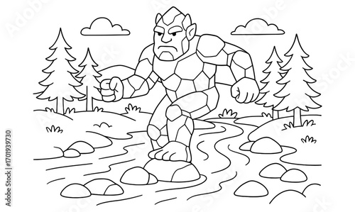 Stone giant crossing a river in simple line art style for coloring book or poster design