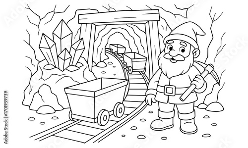 Dwarf crystal mine adventure with railway and mining cart illustration for coloring book design