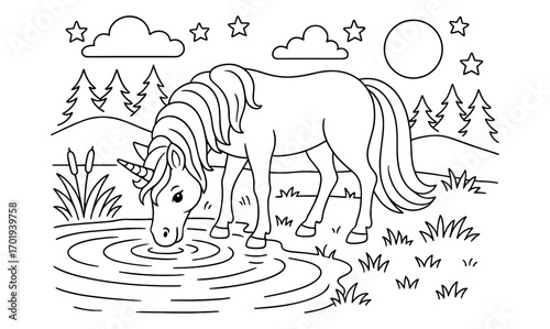 Enchanting unicorn by moonlit pond in serene night forest scene for coloring or design
