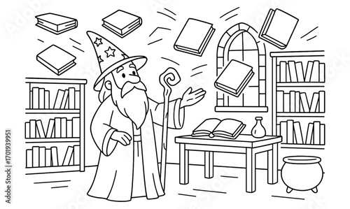 Enchanting wizard in magical library with floating books for fantasy design
