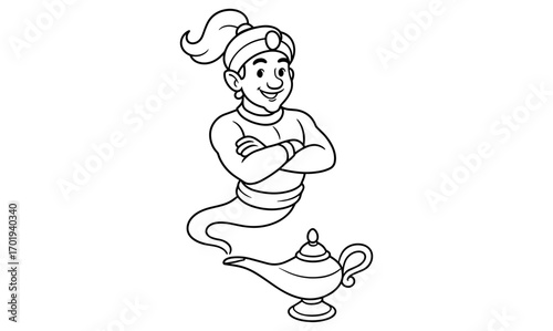 Magical genie emerges from antique lamp - cartoon illustration for kids' stories and designs