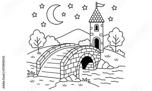 Moonlit adventure over stone bridge with enchanting tower and nature scene for coloring book design