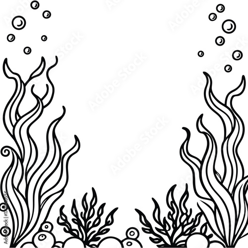 Underwater scene outline adult coloring border with bubbles and seaweed for creative projects 