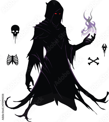 Dark shadow sorcerer with glowing red eyes, hooded magical figure conjuring purple flames, eerie skeletal symbols floating around, mystical dark wizard, fantasy villain illustration