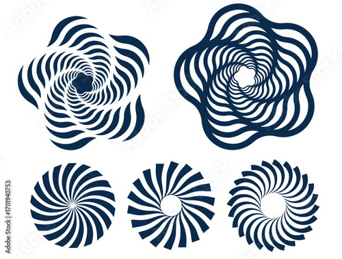 Set of black circle rotating rays and beams. Radial sunburst elements pack. Round spinning swirls, stars and twirls pack. Illustration bundle for banner, badge, sticker, poster