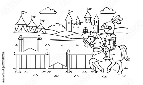 Medieval knight tournament scene with castle and tents for coloring book design