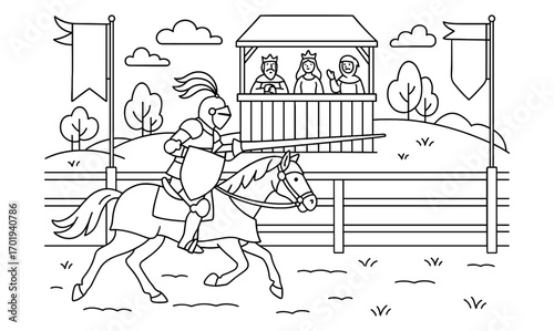 Medieval knight tournament illustration for historical design or coloring book concept
