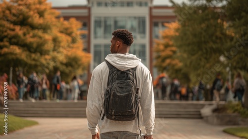 Young college student with backpack looking towards campus building