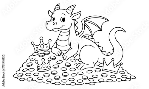 Fantasy dragon guarding treasure hoard for coloring and kids' design projects