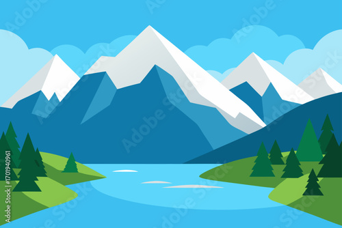 lake by snowy mountain peaks