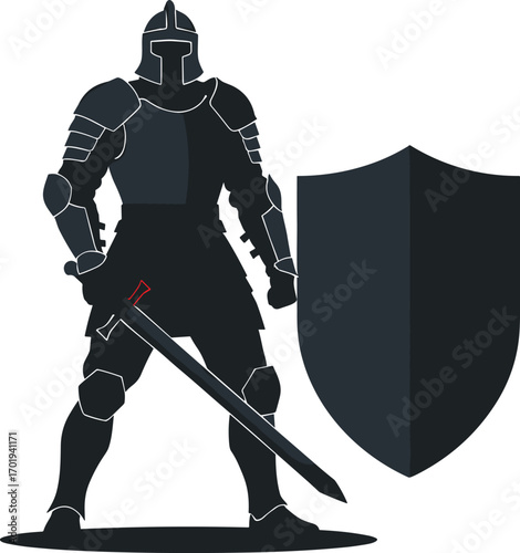 Dark silhouette of medieval knight in full armor holding sword and shield, standing ready, medieval warrior illustration, fantasy character.