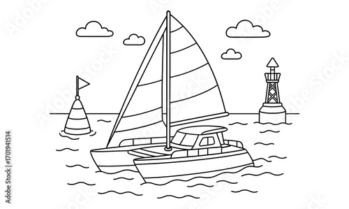 Catamaran sailing adventure with nautical elements for coloring book or educational materials
