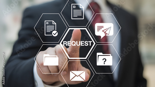 The Request: A businessperson's touch, activating digital interfaces, encapsulating the modern exchange of requests, documentation, and data transactions, a pivotal moment in business.