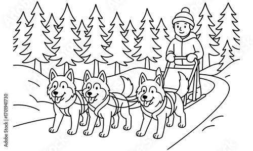 Dog sledding adventure illustration with winter forest scene perfect for activity books and posters