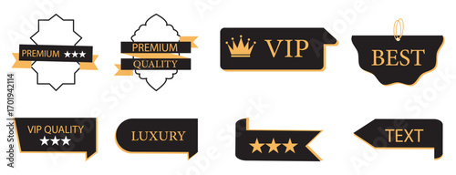 Golden Luxury Labels Set. Premium, VIP, Best, Quality, and Ribbon Designs