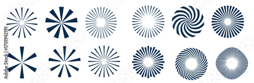 Set of black circle rotating rays and beams. Radial sunburst elements pack. Round spinning swirls, stars and twirls pack. Illustration bundle for banner, badge, sticker, poster