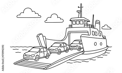 Ferry transportation illustration with cars on ramp for nautical design and coloring book