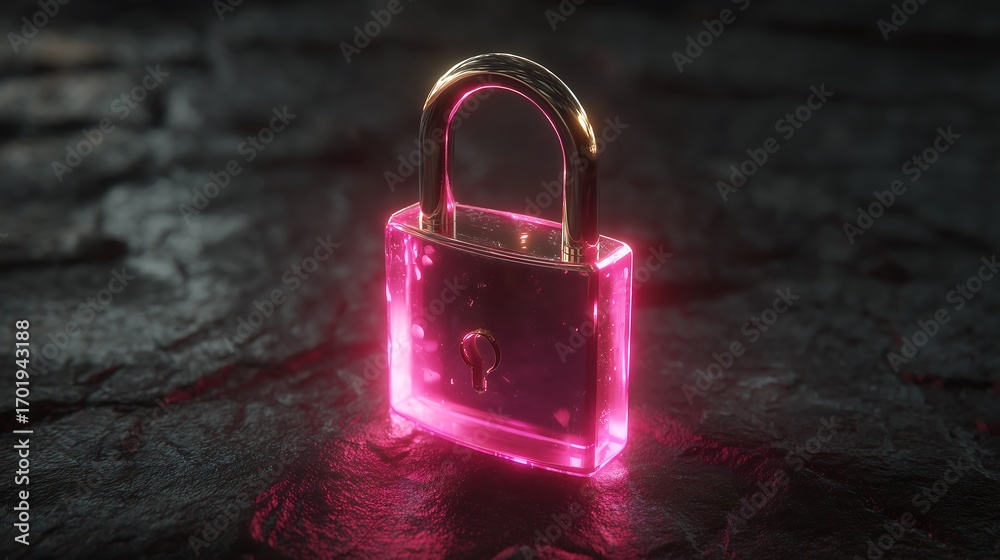 Fototapeta premium Glowing pink lock on dark stone surface