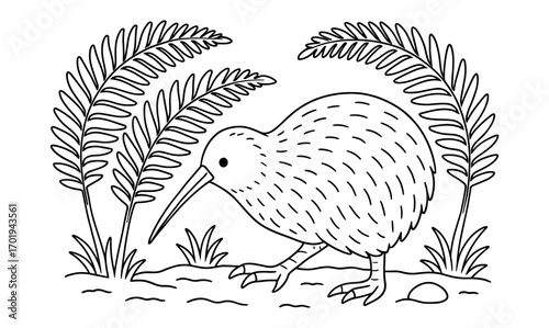 Kiwi bird among ferns illustration - nature inspired design for posters or educational materials