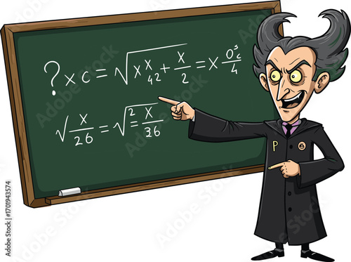 Eccentric mad scientist teaching complex math, animated crazy professor with wild hair pointing at chalkboard with mysterious equations, quirky teacher in black coat, cartoon scientist character