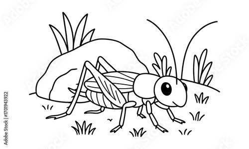Cricket's playtime scene in nature - simple illustration for children's books and educational materials