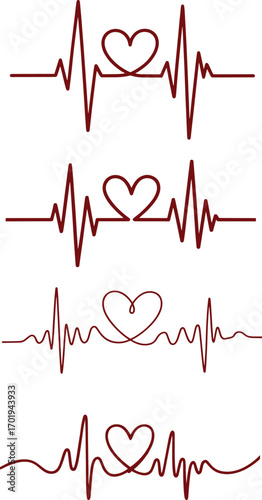 Creative electrocardiogram pulse trace collection with a continuous line forming a heart, a beautiful symbol of love, health, and vitality