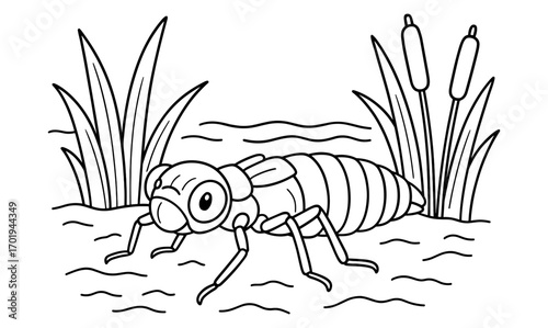 Dragonfly nymph adventure in a simple natural wetland scene for educational coloring design