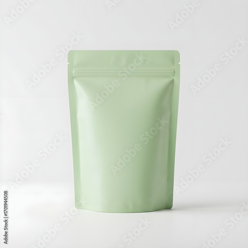 Eco-friendly blank pouch in pastel green on white background. Recyclable kraft packaging mockup, minimalist and modern, ideal for branding, product design, and sustainable poster artwork