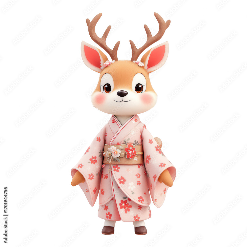 Obraz premium Cute Deer Character in Traditional Japanese Kimono.