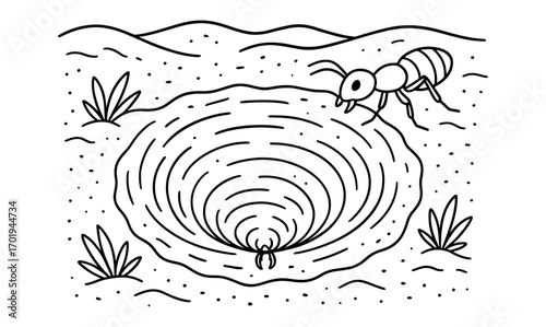 Antlion pit with curious ant outline for educational nature posters and insect studies