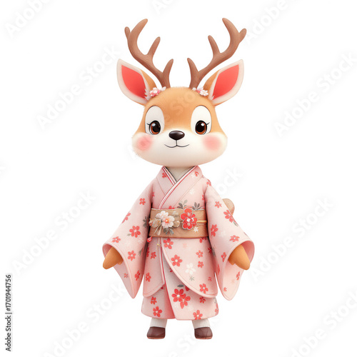 Cute Deer Character in Traditional Japanese Kimono.