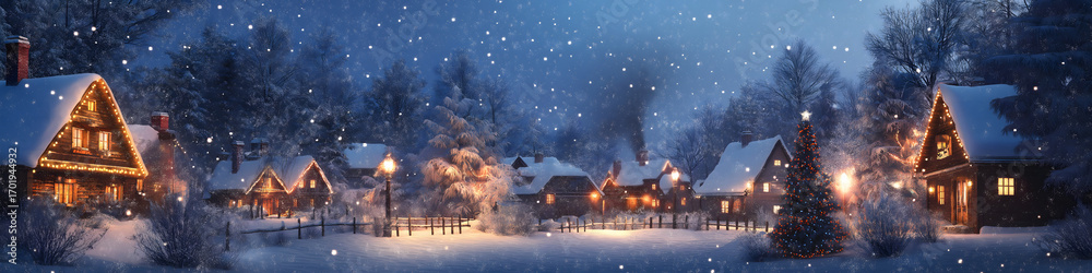 Fototapeta premium Bild eines verschneiten Dorfes in der Dämmerung mit leuchtenden Weihnachtslichtern zwischen den Häusern, Rauch aus den Schornsteinen und sanft fallendem Schnee unter tiefblauem Himmel – winterliche Id