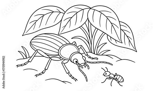 Ground beetle and ant encounter in nature illustration for coloring book