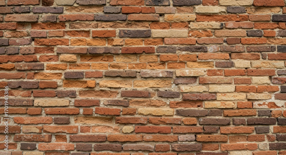 Fototapeta premium Weathered and aged brick wall texture featuring multi-toned red and brown materials providing an antique background for design.