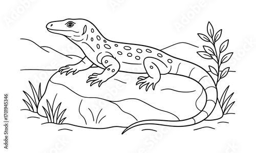 Monitor lizard sunbathing on rock in nature scene for coloring book or educational materials