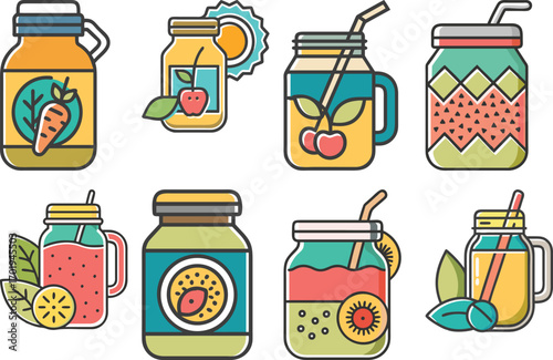 Collection of eight colorful illustrated jars with drinks and fruits juice smoothie