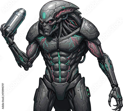 Futuristic alien robot warrior with cybernetic armor, glowing circuits, muscular build, sci-fi character, advanced technology, powerful android illustration.