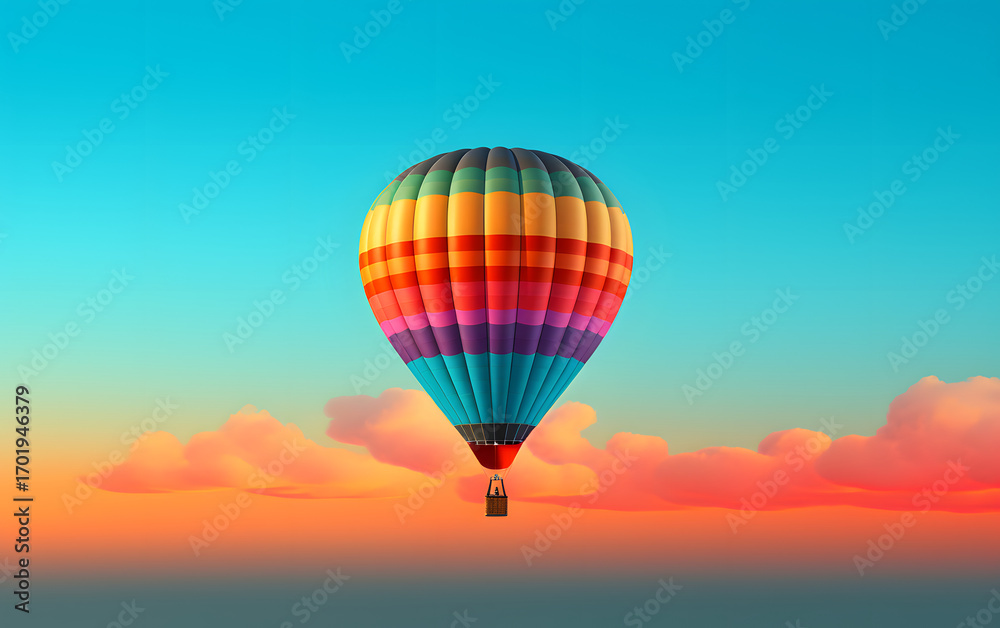 Fototapeta premium Colorful hot air balloon floats above a vibrant sunset sky with soft clouds in the background