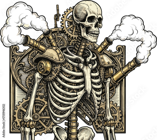 Detailed steampunk skeleton with mechanical gears and steam pipes emitting smoke, vintage industrial design, fantasy machine illustration.