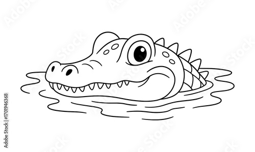 Caiman peeking from water illustration for coloring book or educational material