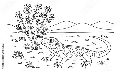 Desert iguana and wildflower landscape illustration - nature-themed coloring page for relaxation activities