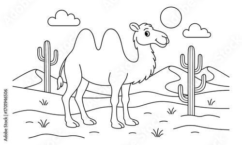 Simple camel coloring page for kids featuring desert scene with cacti and sun