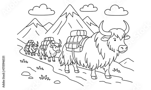 Yak caravan journey through mountain landscape illustration for travel adventures