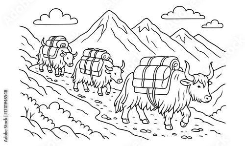 Yak caravan journey through mountain landscape for coloring book and educational materials