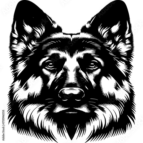 German Shepherd Portrait: A striking black and white portrait of a German Shepherd, its noble gaze and powerful features rendered in bold, graphic detail, embodying strength and loyalty.